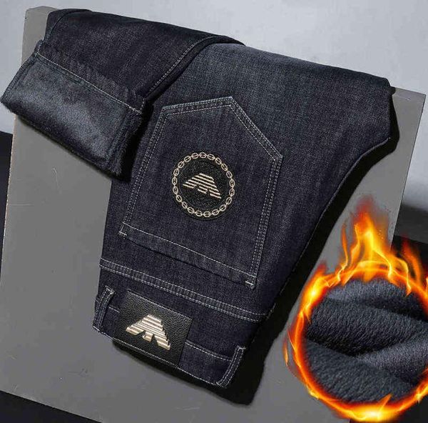 

luxury light european winter plush and thickened jeans men039s slim fitting feet embroidered elastic casual warm pants1499890, Blue