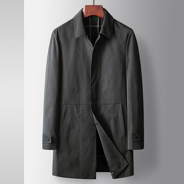 

mens trench coat spring and autumn new medium green young luxury business casual mid-length lapel non-ironing trench coat, Tan;black