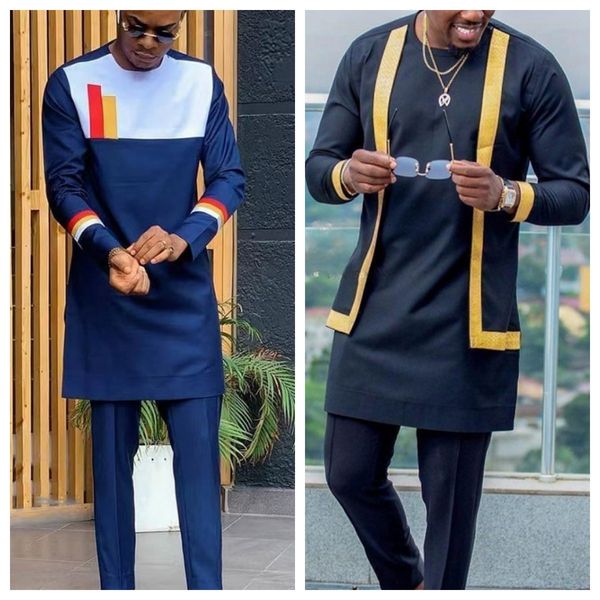 

mens tracksuits elegant suit shirt pants 2piece twopiece set round neck stitching solid color party long sleeve african ethnic styl 230818, Gray