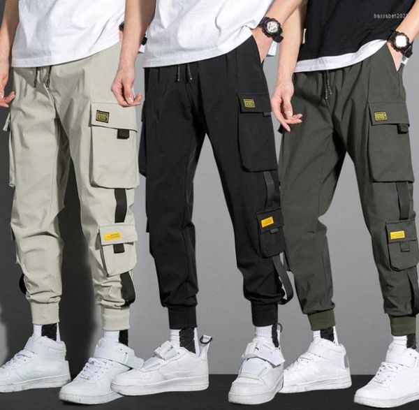 

men039s pants autumn men hip hop harem joggers 2022 male trousers mens solid multipocket cargo skinny fit sweatpants2545166, Black