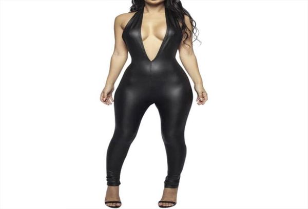 

halter faux leather jumpsuit women pu leather deep vneck jumpsuit backless long bodysuit novelty stretchy tight playsuit3084348, Black;white