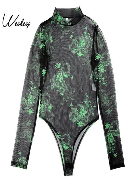 

weekeep mesh perspective long sleeve bodysuit women summer bodycon dragon print streetwear bodysuits women 2019 rompers t20012976796, Black;white