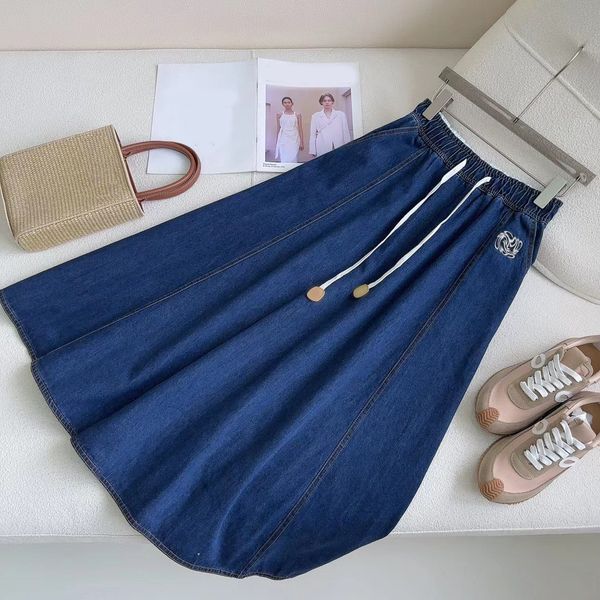 

luxury 2023 vintage loose chic a-line skirts for women elegant high waist office lady long skirt fashion blue denim skirt female clothing, Black