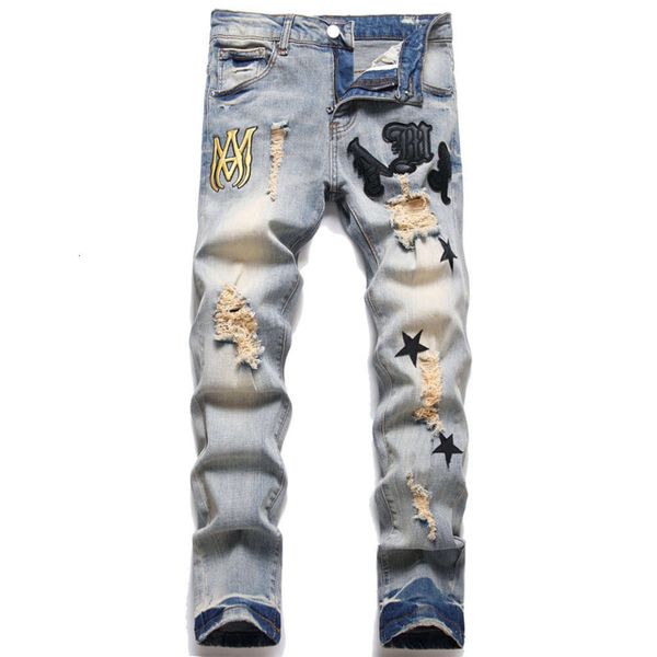 

new 2023 summer street men's jeans embroidered cotton pants youth fashion tight mid waist casual 3376 size 29-38, Blue