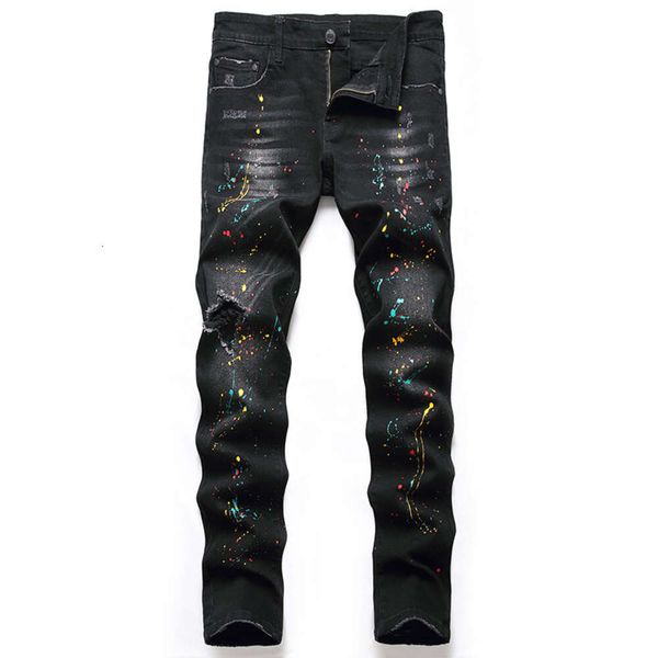 

jeans men's new elastic black pants slim fit and perforated men's jeans women's personalized trendy pants size 28-38, Blue