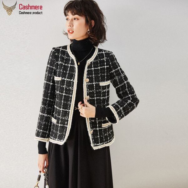 

womens jackets jacket women short black white lattice coat round neck female braided autumn small fragrance style 230818, Black;brown