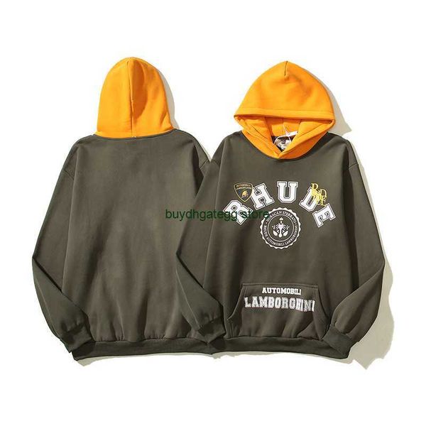

1oq0 men's hoodies sweatshirts rhude american high street fashion brand contrast color splice loose teenage couple hooded plush casual, Black