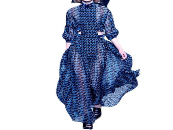 

blue stripes dresses women fashion runway long sleeves high neck hollow out waist a line charming party5393600, Black;gray