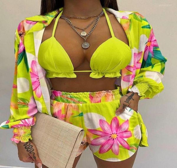 

women039s tracksuits 3 piece sets women 2023 summer fall long sleeve lapel shirts halter bra crop short pants bohemian casu6615235, Gray