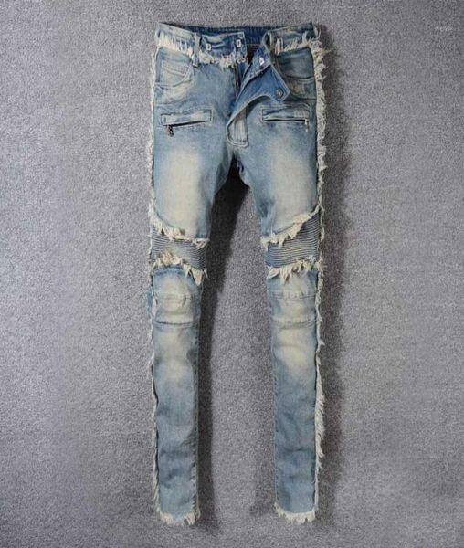 

men039s jeans vintage washed denim fringe biker for moto fashion slim fit straight patchwork pants big and tall trousers3907194, Blue