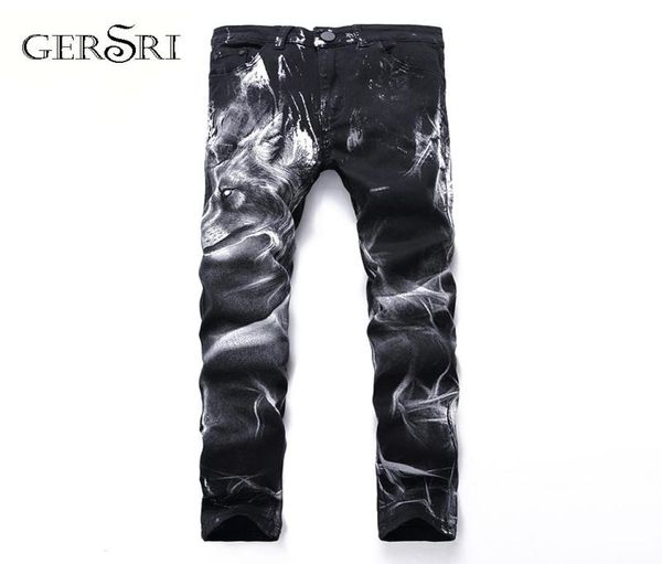 

gersri night club mens 3d printing jeans black wolf pattern printed punk slim straight cotton casual print denim pants plus size4818039, Blue