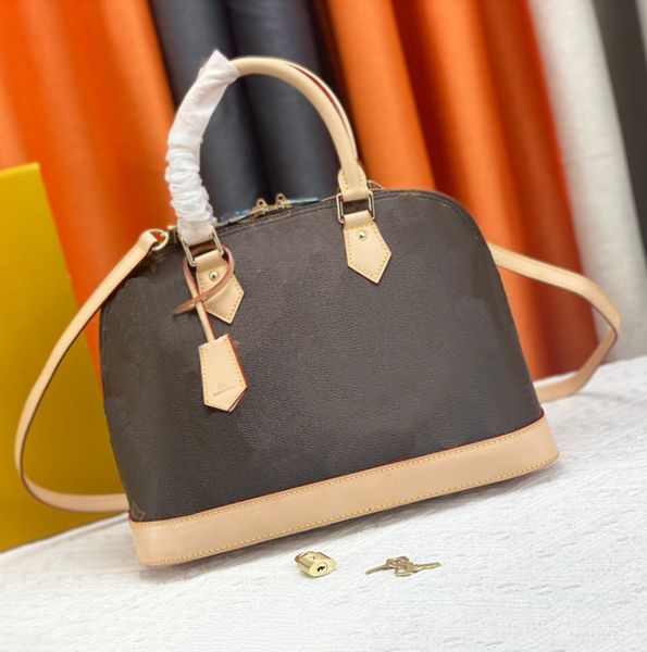 

10a quality alma pm handbag designer women shell bag genuine leather luxurys designers bags fashion brown flower shoulder bag with lock cros