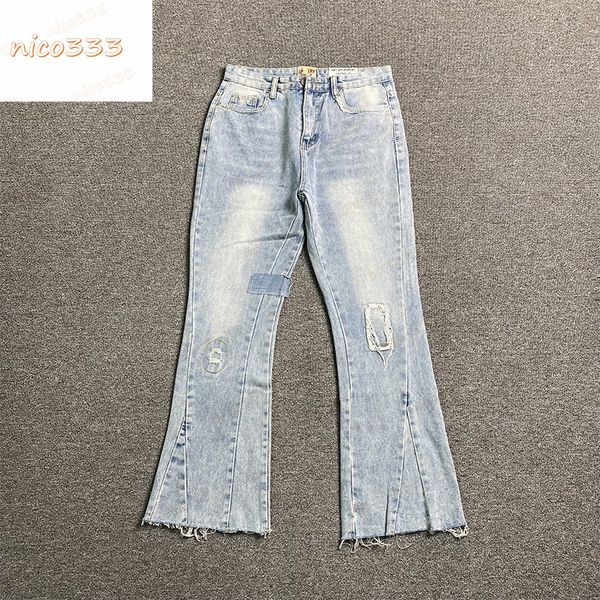 

23ss new ga depts broken hole patch wide leg letter print washed pattern loose versatile men and women casual jeans, Blue