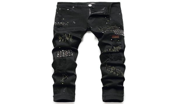 

black rivets men039s jeans stretch ripped paint denim pants fashion slim embroidery trousers punk style male clothing pantalone9352606, Blue