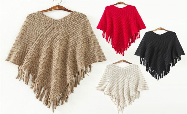 

new winter fashion women v neck batwing stripes pullover knit poncho tassels sweater irregular shawl poncho beigeblackredk7952239, White;black