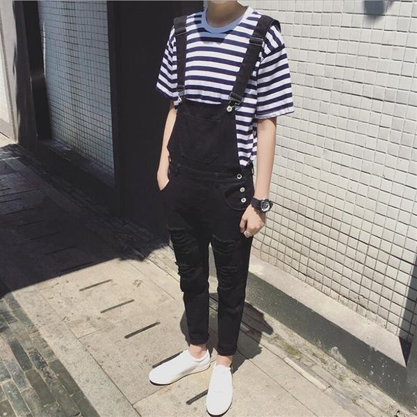 

new fashion suspender pants mens ripped denim bib overalls distressed long jumpsuit designer jeans 199r, Blue