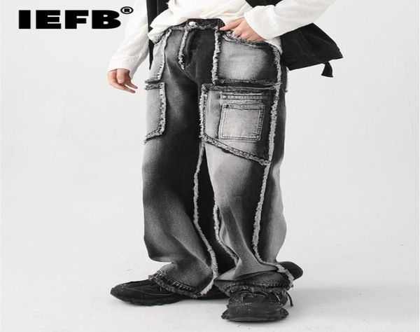 

men039s jeans iefb men039s pants autumn vintage wash rough edge straight tube splicing male jeans high street wide leg trous5200297, Blue