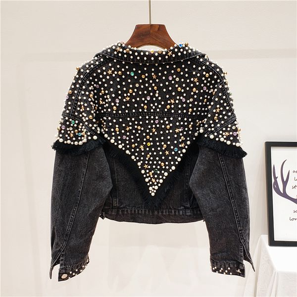 

womens jackets autumn fashion heavy work beading wash denim jacket women loose short coats studded black blue jeans streetwear 230818, Black;brown