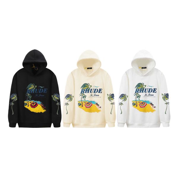 

men's hoodies sweatshirts 23ss autumn/winter american fashion brand rhude coconut beach printed hip hop men's and women's cas, Black