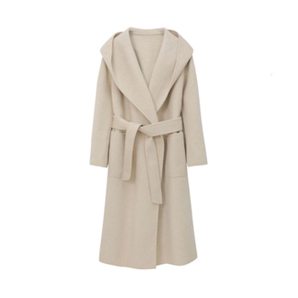 

womens jackets women fashion woolen cashmere hoodie overcoat elegant solid hooded lace up warm long coat brand high grade 230818, Black;brown