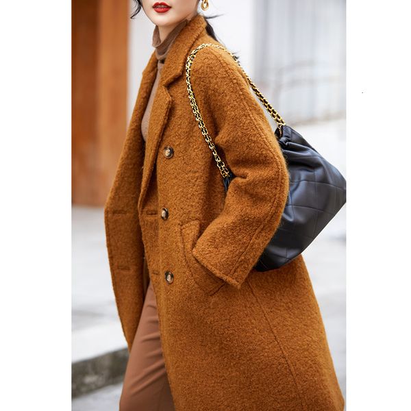 

womens wool blends teddy bear color coat winter silhouette alpaca fleece warm and thickened medium length 230818, Black