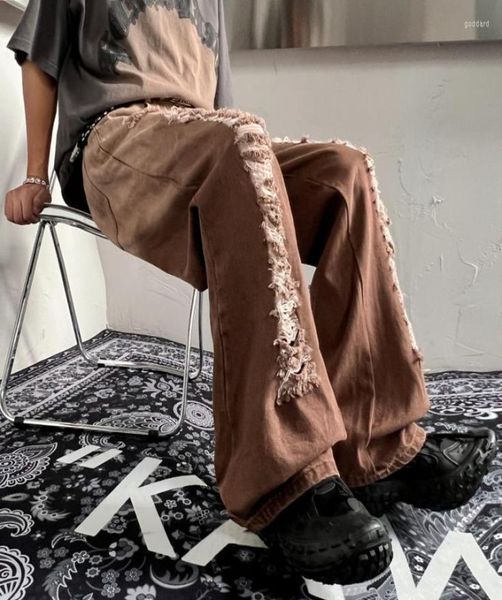 

men039s jeans casual brownblack hole baggy fashion men ripped wide leg mens streetwear hip hop loose straight denim trousers5500418, Blue