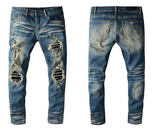 

2021 mens jeans europe and the united states hiphop slimfit trendy brand hole patch stitching motorcycle high street6356552, Blue