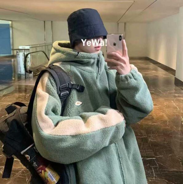 

men039s trench coats autumn and winter faux fur coat 2021 casual warm soft zipper hooded jacket plush pocket plus size teddy me5647394, Tan;black