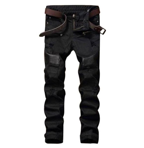 

fashion designer mens ripped biker jeans leather patchwork slim fit black moto denim joggers for male distressed jeans pants6391845, Blue