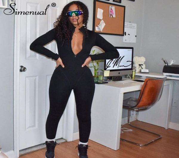 

simenual sporty casual fitness zipper rompers womens jumpsuit long sleeve bodycon one piece workout jumpsuits fall fashion 2010076101952, Black;white