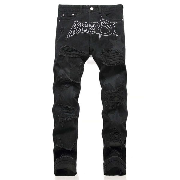 

new style punk style black hole patch embroidered elastic loose fitting men's jeans china high-quality 3451 size 29-38, Blue