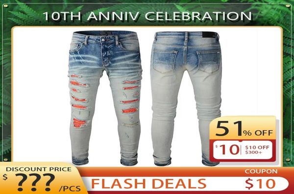 

men slim fit straight leg jeans stretchy ripped badge skinny men039s denim pants 5pocket regular cotton jean destroyed hole pa5860800, Blue