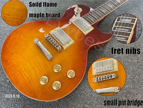 

electric guitar long tenon joins headstock, 2 wings, solid flame beige plate, fret nibs, cherry burst, small bridge pin, bare bone
