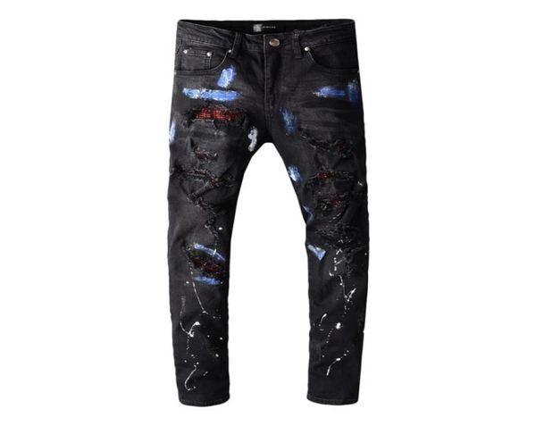 

men039s jeans hi street ripped men red diamond patchwork streetwear black stretch slim denim pants fashion printed6416284, Blue