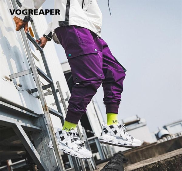 

autumn new multi pockets cargo pants men drawstring waist purple joggers trousers black streetwear sweat pants t2007042632228