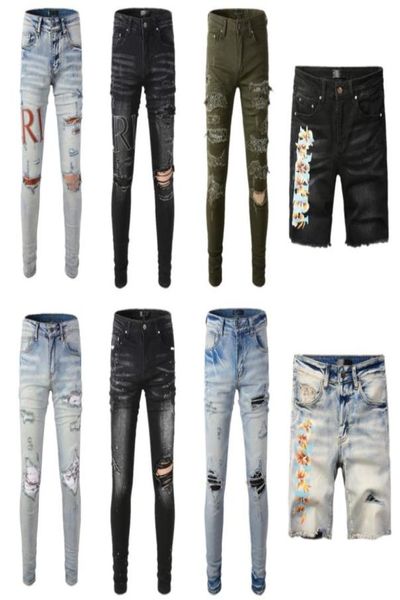 

men skinny jeans designer jeans ripped holes motorcycle biker patch splice fashion famous printing denim shorts pants2105894, Blue