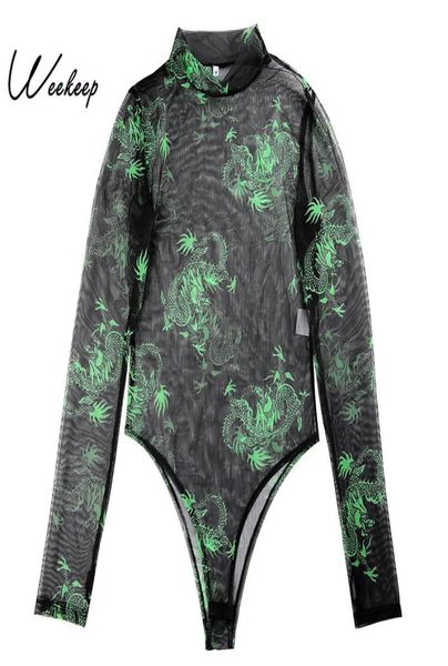 

weekeep mesh perspective long sleeve bodysuit women summer bodycon dragon print streetwear bodysuits women 2019 rompers t20018478284, Black;white