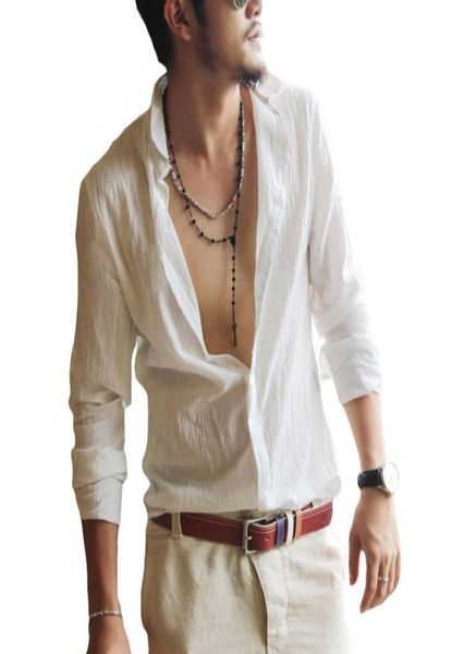 

plus size shirts cotton linen men shirt long sleeve summer style hawaiian shirts slim fit clothes new arrival4155961, White;black