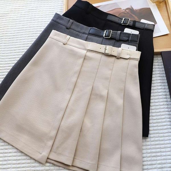 

item title bizhengs autumn korean skirt womens belts a line half pleated suit, Black