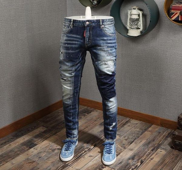 

italian style fashion men jeans retro blue vintage designer ripped jeans streetwear destroyed hip hop slim men5688360