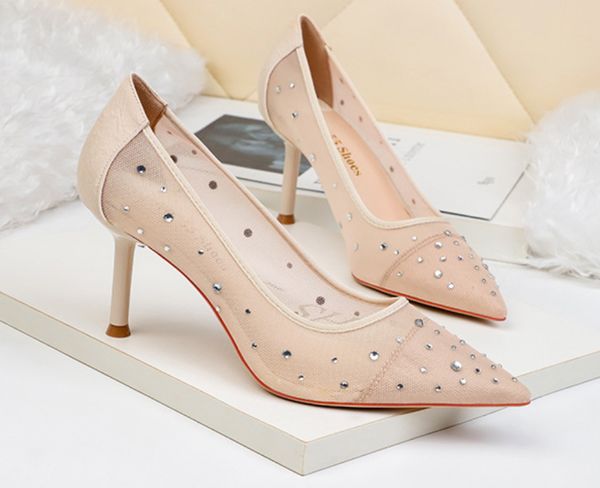 

new fashion pointed rhinestone high heels mesh shaped thin heels women's singles mesh red banquet slim women's shoes size 34-41 23, Black