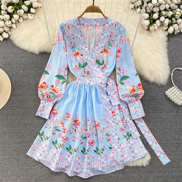 

basic casual dresses spring summer women v-neck high waist lace-up floral printed dress korean slim long sleeve ladies a-line dresses blue v, Black;gray