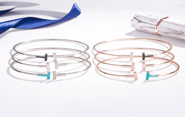 

s925 sterling silver double letter bracelet fashion sterling silver enamel epoxy inlaid diamond open bracelet men and women letter1701924, Black