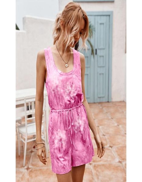 

women round neck sleeveless tiedye jumpsuit shorts012349483172, Black;white