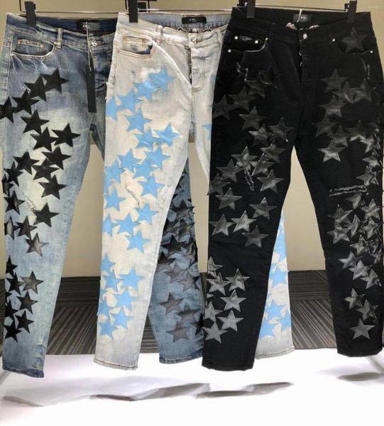 

men039s jeans black blue star pattern patch street men motorcycle pant punk denim 3 color hip hop jean pantalon homme trendy1496172