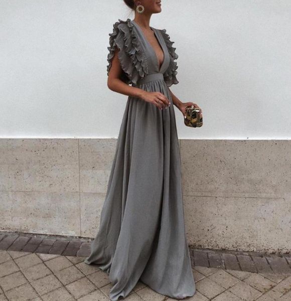 

2018 new fashion women dress gray v neck backless flying short sleeves maxi dress summer solid beach party long6174252, Black;gray