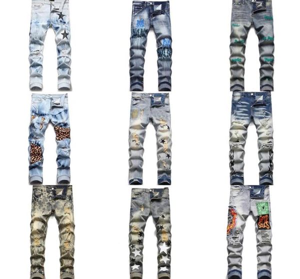 

designer stack jeans european purple jean men distressed ripped skinny embroidery quilting ripped for trend brand vintage pant men6679826, Blue