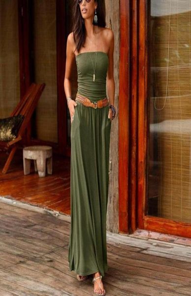 

womens boho dress bandeau holiday off shoulder strapless long dress feminine ladies casual summer solid maxi vestidos p2s6301275, Black;gray