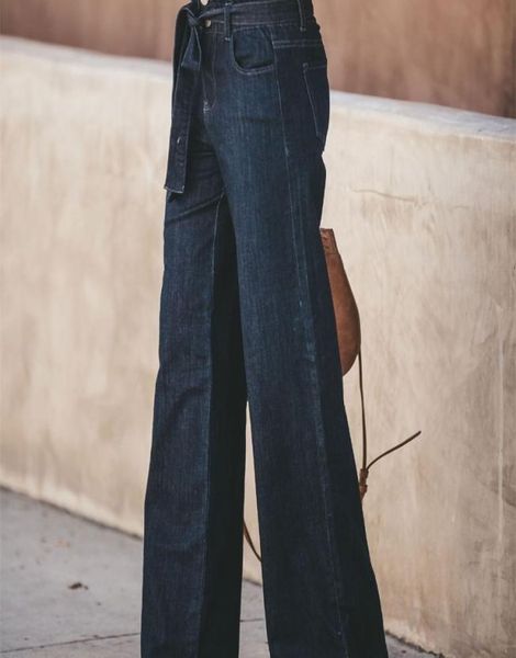 

women fashion denim tie flare boyfriend ladies high waist bell bottom pants autumn loose wide leg jeans y2004174752052, Blue