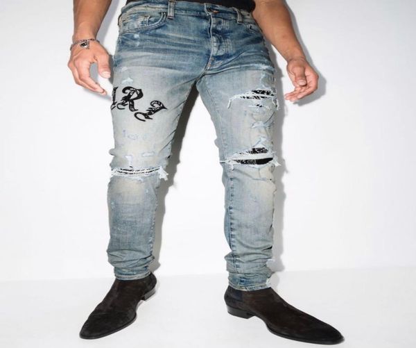 

mens jeans designer istressed motorcycle biker jean rock skinny slim trousers8095806, Blue